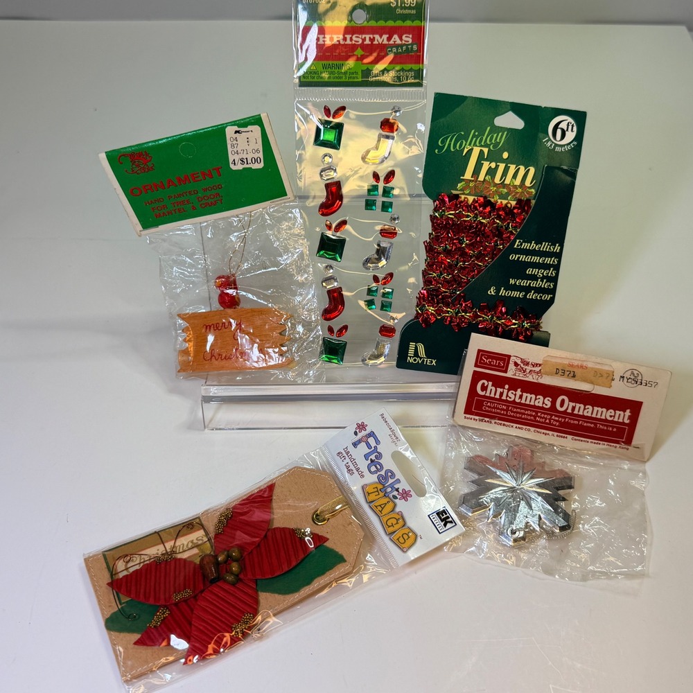 Vintage Christmas Craft Lot Sears Ornament Kmart Wood Sign Novtex Trim Gift Tags